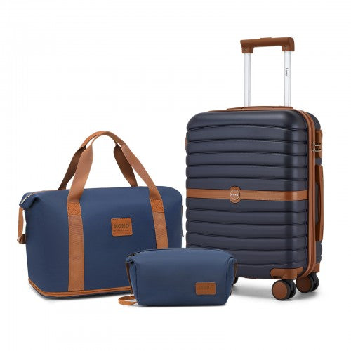 KSK2592+EA2212 - Kono 20 Inch ABS+PC Hard Shell Cabin Suitcase Set with Travel Bag & Toiletry Pouch - Navy and Brown by LuluBags