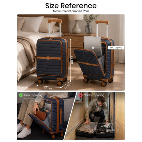 Kono 21 Inch Front Opening Cabin Suitcase With Laptop Compartment Navy Brown | Neil's Luggage Store