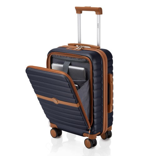 Kono 21 Inch Front Opening Cabin Suitcase With Laptop Compartment Navy Brown | Neil's Luggage Store