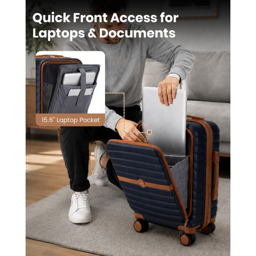 Kono 21 Inch Front Opening Cabin Suitcase With Laptop Compartment Navy Brown | Neil's Luggage Store
