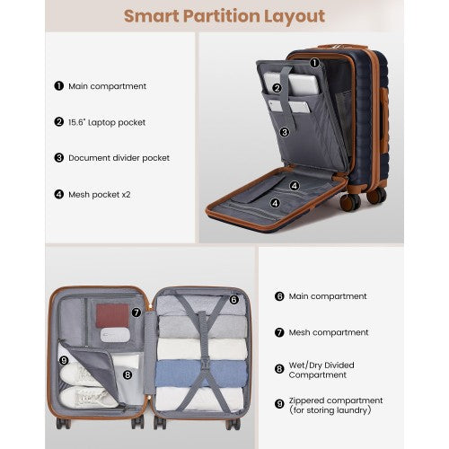 Kono 21 Inch Front Opening Cabin Suitcase With Laptop Compartment Navy Brown | Neil's Luggage Store