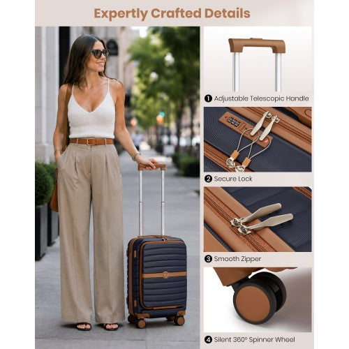 Kono 21 Inch Front Opening Cabin Suitcase With Laptop Compartment Navy Brown | Neil's Luggage Store