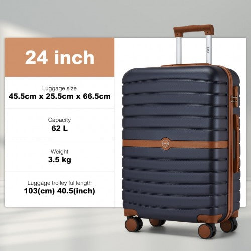 KSK2592 - Kono ABS+PC 24-Inch Striped Design with Colour-Block Details Medium Suitcase with Spinner Silent Wheels - Navy and Brown