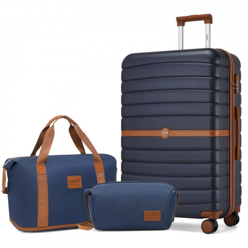 KSK2592+EA2212 - Kono 28 Inch Large ABS+PC Hard Shell Suitcase Set with Travel Bag & Toiletry Pouch - Navy and Brown by LuluBags