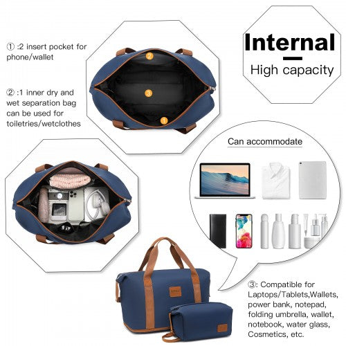 KSK2592+EA2212 - Kono 3‑Piece ABS+PC Suitcase Set with Travel Bag & Toiletry Pouch - Navy and Brown by LuluBags