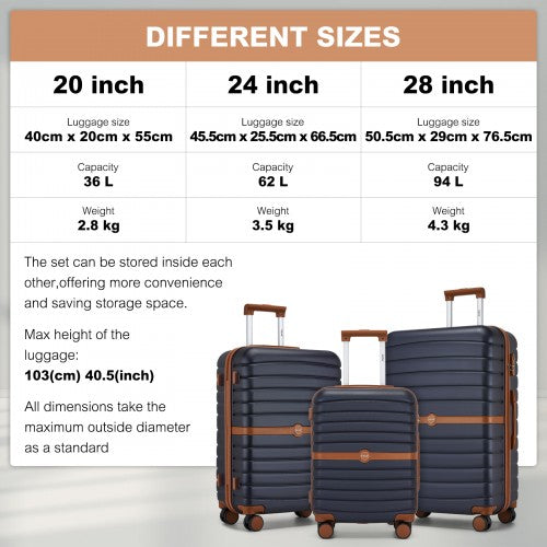 KSK2592+EA2212 - Kono 3‑Piece ABS+PC Suitcase Set with Travel Bag & Toiletry Pouch - Navy and Brown by LuluBags