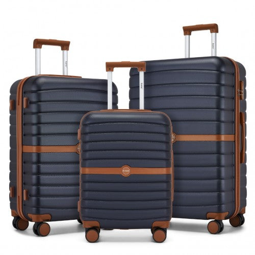 KSK2592 - Kono ABS+PC Striped Design with Colour-Block Details 3-Piece Hardshell Luggage Set with Spinner Wheels - Navy and Brown - Neils Luggage Store