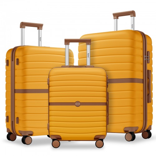 KSK2592 - Kono ABS+PC Striped Design with Colour-Block Details 3-Piece Hardshell Luggage Set with Spinner Wheels - Yellow and Brown | Neil's Luggage Store