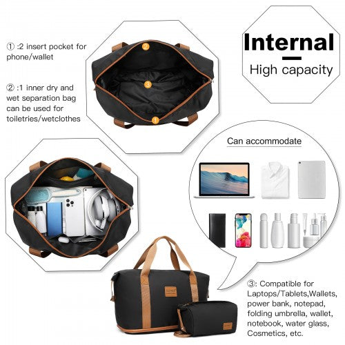 KSK2592+EA2212 - Kono 3‑Piece ABS+PC Suitcase Set with Travel Bag & Toiletry Pouch - Black and Brown by LuluBags