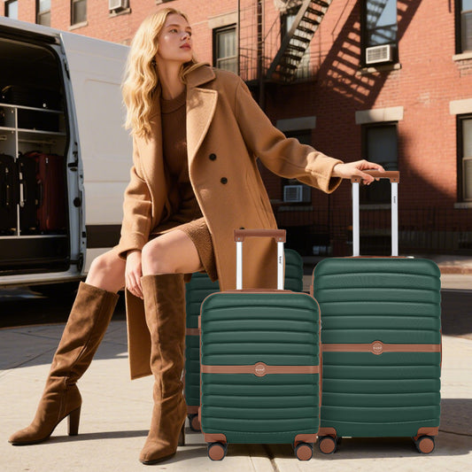 KSK2592 - Kono ABS+PC 24-Inch Striped Design with Colour-Block Details Medium Suitcase with Spinner Silent Wheels - Green and Brown