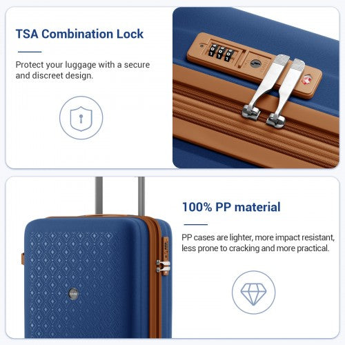 KSK2594 - Kono PP 20-inch Hard Shell Expandable Luggage-Lightweight Suitcase with TSA Lock & Built-in Cup Holder - Navy and Brown | Neil's Luggage Store