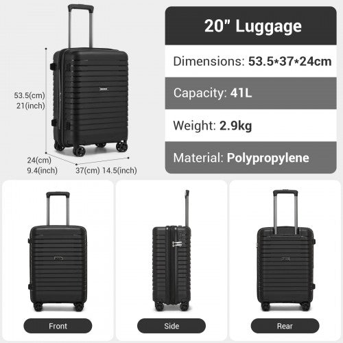 KSK2595 - Kono 20-Inch Hard Shell Scratch-Resistant PP Luggage with Cup Holder, TSA Lock & Expandable Design-Cabin Trolley For Travel - Black | Neil's Luggage Store