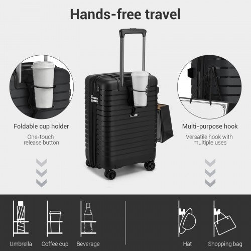 KSK2595 - Kono 20-Inch Hard Shell Scratch-Resistant PP Luggage with Cup Holder, TSA Lock & Expandable Design-Cabin Trolley For Travel - Black | Neil's Luggage Store