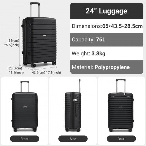 KSK2595 - Kono 24-Inch Hard Shell Scratch-Resistant PP Luggage with Cup Holder, TSA Lock & Expandable Design-Check-in Luggage For Travel - Black | Neil's Luggage Store