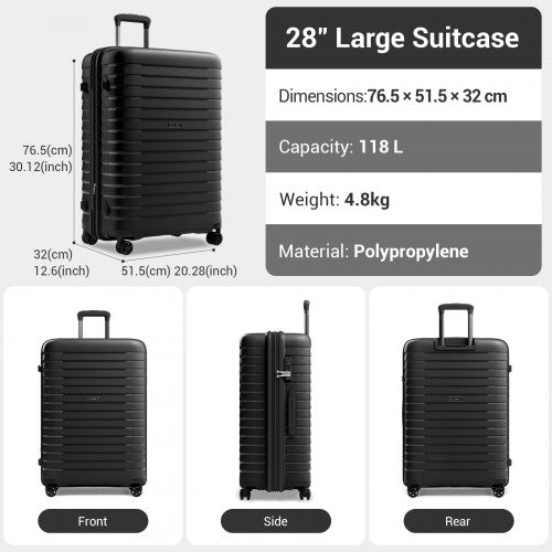 KSK2595 - Kono 28-Inch Hard Shell Scratch-Resistant PP Luggage with Cup Holder, TSA Lock & Expandable Design-Check-in Luggage For Travel - Black | Neil's Luggage Store