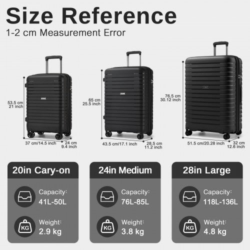 Kono 20 24 28 Inches Scratch Resistant Luggage Set With CupHolder TSA Lock Black | Neil's Luggage Store