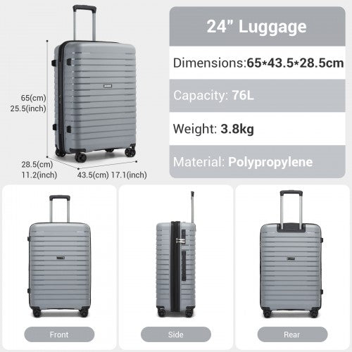 KSK2595 - Kono 24-Inch Hard Shell Scratch-Resistant PP Luggage with Cup Holder, TSA Lock & Expandable Design-Check-in Luggage For Travel - Grey | Neil's Luggage Store