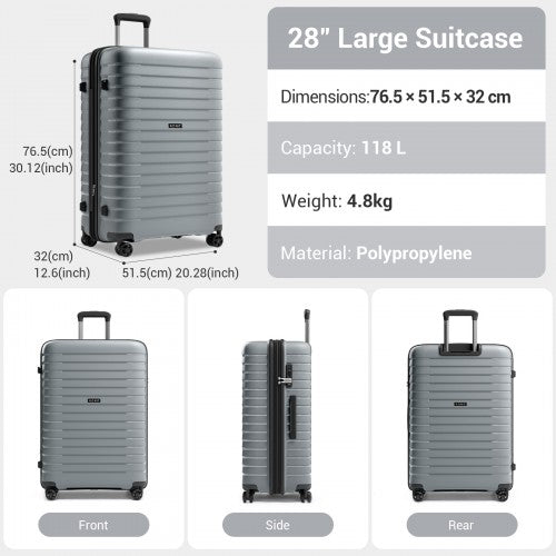 KSK2595 - Kono 28-Inch Hard Shell Scratch-Resistant PP Luggage with Cup Holder, TSA Lock & Expandable Design-Check-in Luggage For Travel - Grey | Neil's Luggage Store