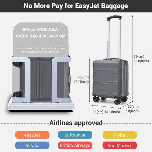 KSK2596 - Kono 16 Inch ABS Hard Shell Under-Seat Cabin Suitcase with Spinner Wheels - Grey