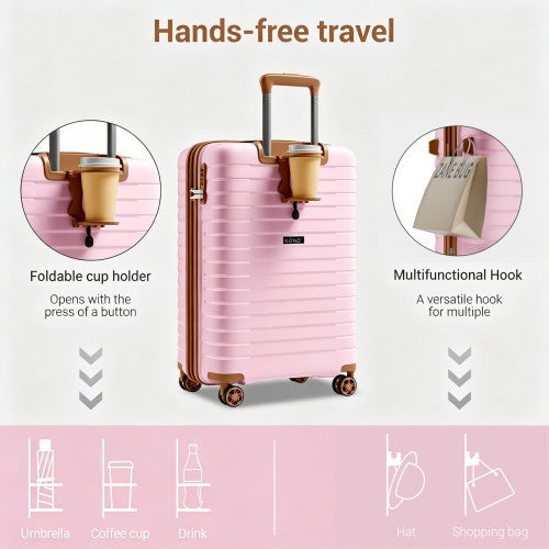 KSK2595 - Kono 20-Inch Hard Shell Scratch-Resistant PP Luggage with Cup Holder, TSA Lock & Expandable Design-Cabin Trolley For Travel - Pink and Brown