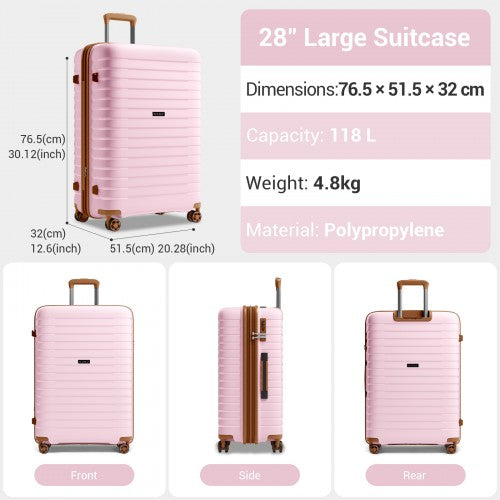 KSK2595 - Kono 28-Inch Hard Shell Scratch-Resistant PP Luggage with Cup Holder, TSA Lock & Expandable Design-Check-in Luggage For Travel - Pink and Brown