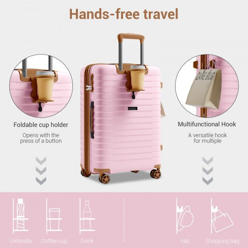KSK2595 - Kono 28-Inch Hard Shell Scratch-Resistant PP Luggage with Cup Holder, TSA Lock & Expandable Design-Check-in Luggage For Travel - Pink and Brown
