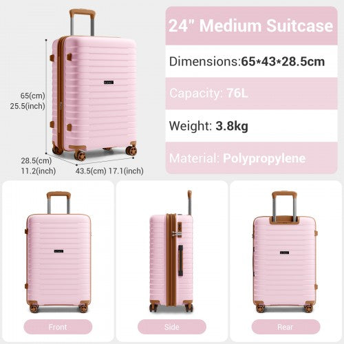 KSK2595 - Kono 24-Inch Hard Shell Scratch-Resistant PP Luggage with Cup Holder, TSA Lock & Expandable Design-Check-in Luggage For Travel - Pink and Brown | Neil's Luggage Store