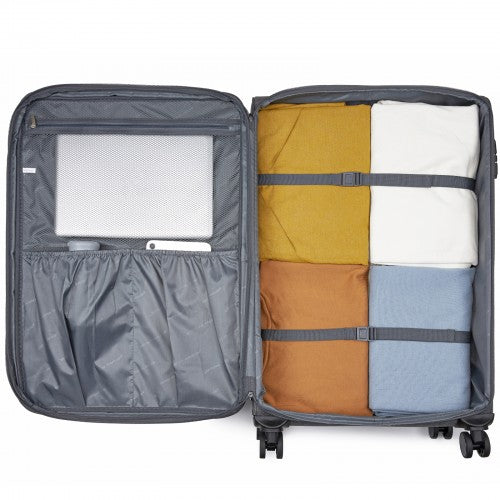 KSB2597 - British Traveller Sleek Tough 3-Piece Travel Soft-Shell Suitcase with Silent TPE Spinners, TSA Security and Expandable Checked Sizes - Grey