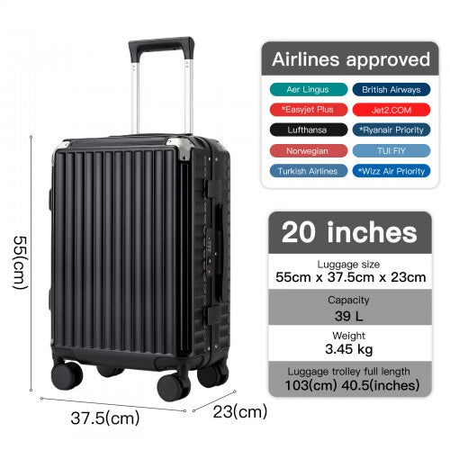 KSK2693 - Kono 20-Inch Zipperless Aluminium Frame PC Hard Shell Carry-on Suitcase – Smart Lock Travel Luggage with Phone Holder & Cup Holder - Black | Neil's Luggage Store