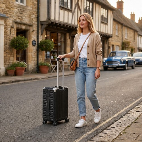 KSK2693 - Kono 20-Inch Zipperless Aluminium Frame PC Hard Shell Carry-on Suitcase – Smart Lock Travel Luggage with Phone Holder & Cup Holder - Black | Neil's Luggage Store