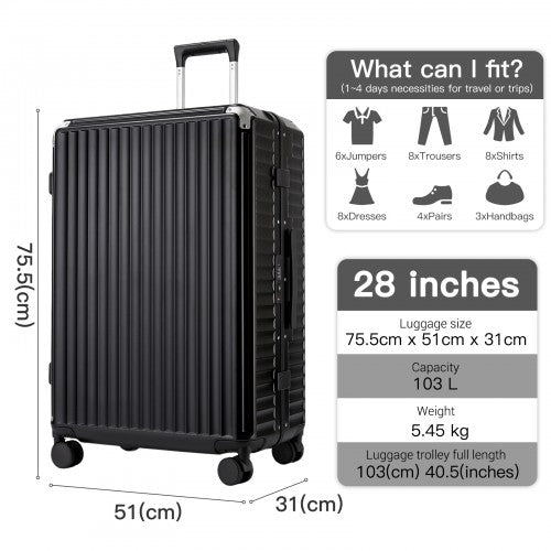 KSK2693 - Kono 28-Inch Large Suitcase with Reinforced Aluminium Frame, TSA Lock, Checked Luggage with Smart Travel Features - Black | Neil's Luggage Store