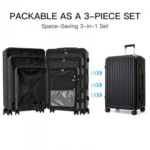KSK2693 - Kono 3-Piece Zipperless Aluminium Frame Luggage Set with TSA Lock, Smart Travel Features - Black | Neil's Luggage Store