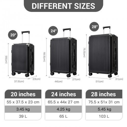 KSK2693 - Kono 3-Piece Zipperless Aluminium Frame Luggage Set with TSA Lock, Smart Travel Features - Black | Neil's Luggage Store