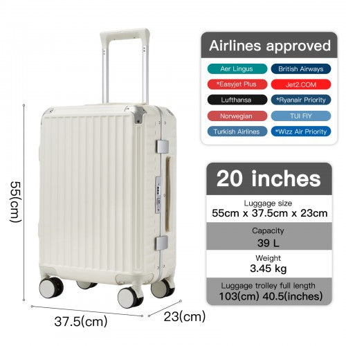 KSK2693 - Kono 20-Inch Zipperless Aluminium Frame PC Hard Shell Carry-on Suitcase – Smart Lock Travel Luggage with Phone Holder & Cup Holder - White | Neil's Luggage Store