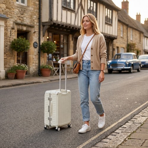KSK2693 - Kono 20-Inch Zipperless Aluminium Frame PC Hard Shell Carry-on Suitcase – Smart Lock Travel Luggage with Phone Holder & Cup Holder - White | Neil's Luggage Store
