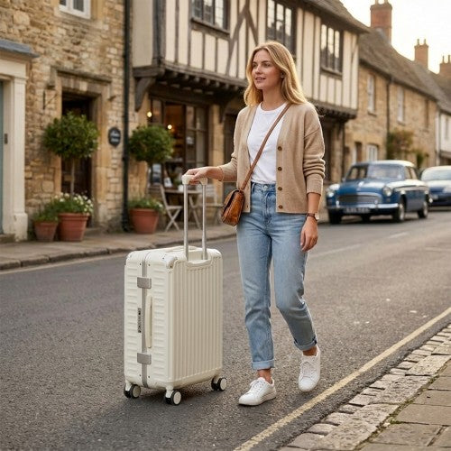 KSK2693 - Kono 24-Inch Zipperless Medium Suitcase with Reinforced Aluminium Frame, TSA Lock, Checked Luggage with Smart Travel Features - White | Neil's Luggage Store