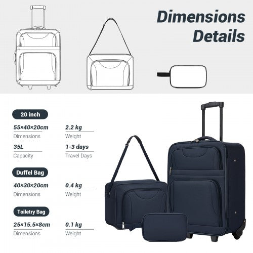 KSN2586 - 3 Piece 20 Inch Soft-shell Luggage Set with Cabin Shoulder Bag & Toiletry Bag, Lightweight Carry-On Travel Combo - Navy