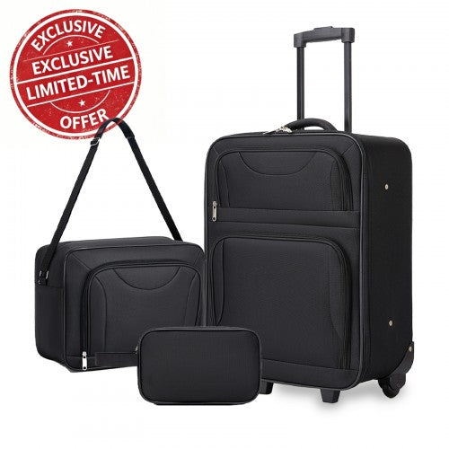 KSN2586 - 3 Piece 20 Inch Soft-shell Luggage Set with Cabin Shoulder Bag & Toiletry Bag, Lightweight Carry-On Travel Combo - Black | Neil's Luggage Store