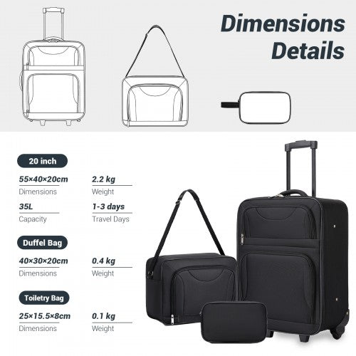 KSN2586 - 3 Piece 20 Inch Soft-shell Luggage Set with Cabin Shoulder Bag & Toiletry Bag, Lightweight Carry-On Travel Combo - Black | Neil's Luggage Store