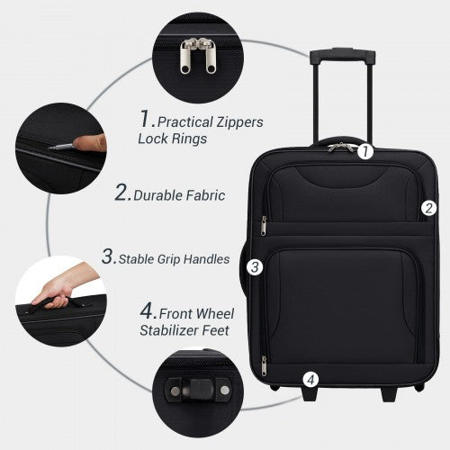 KSN2586 - 3 Piece 20 Inch Soft-shell Luggage Set with Cabin Shoulder Bag & Toiletry Bag, Lightweight Carry-On Travel Combo - Black | Neil's Luggage Store