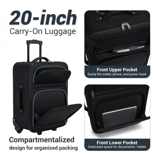 KSN2586 - 3 Piece 20 Inch Soft-shell Luggage Set with Cabin Shoulder Bag & Toiletry Bag, Lightweight Carry-On Travel Combo - Black | Neil's Luggage Store