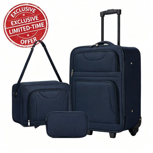KSN2586 - 3 Piece 20 Inch Soft-shell Luggage Set with Cabin Shoulder Bag & Toiletry Bag, Lightweight Carry-On Travel Combo - Navy