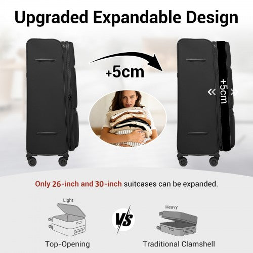 KSN2593 - 3 Piece Softshell Expandable Luggage Set 20/26/30 Inch, Lightweigh Suitcase with Silent Wheels & Organised Interior for Travel - Black | Neil's Luggage Store