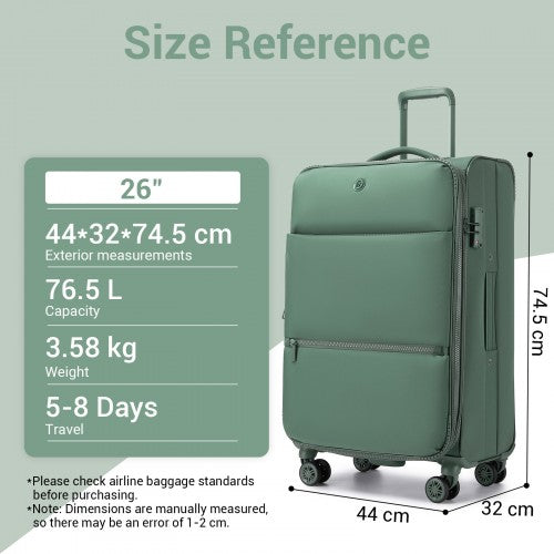 KSN2593 - 26 inch Women's Lightweight Softshell Suitcase with Spinner Wheels and Spacious Compartments - Green | Neil's Luggage Store