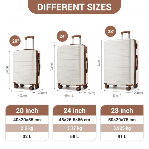 KSN2691 - 3-Piece Hard Shell Luggage Set (20/24/28 Inch), Lightweight ABS Suitcases with Silent Wheels & Combination Locks - Cream And Brown
