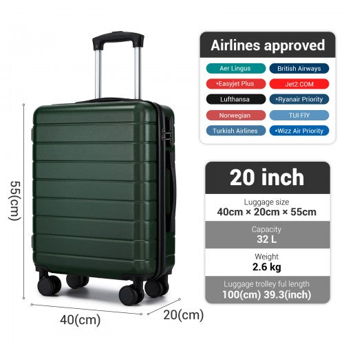 KSN2691 - 20 Inch Carry-On Luggage, Lightweight ABS Hard Shell Suitcase with 360 Silent Wheels, Combination Lock & Organised Interior - Green
