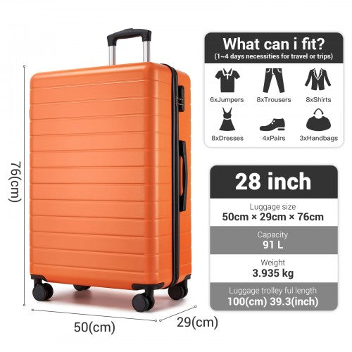 KSN2691 - 28 Inch Large Checked Luggage, Premium ABS Hard Shell Suitcase with 360 Silent Wheels & Secure Combination Lock - Orange