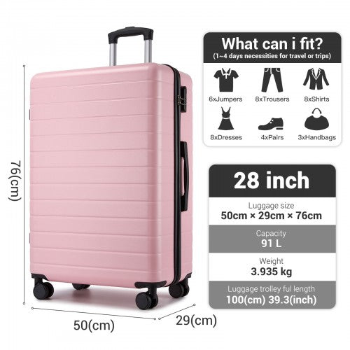 KSN2691 - 28 Inch Large Checked Luggage, Premium ABS Hard Shell Suitcase with 360 Silent Wheels & Secure Combination Lock - Pink