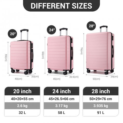 KSN2691 - 3-Piece Hard Shell Luggage Set (20/24/28 Inch), Lightweight ABS Suitcases with Silent Wheels & Combination Locks - Pink