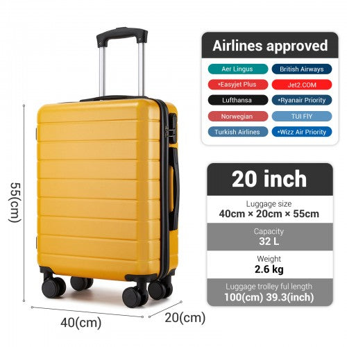 KSN2691 - 20 Inch Carry-On Luggage, Lightweight ABS Hard Shell Suitcase with 360 Silent Wheels, Combination Lock & Organised Interior - Yellow